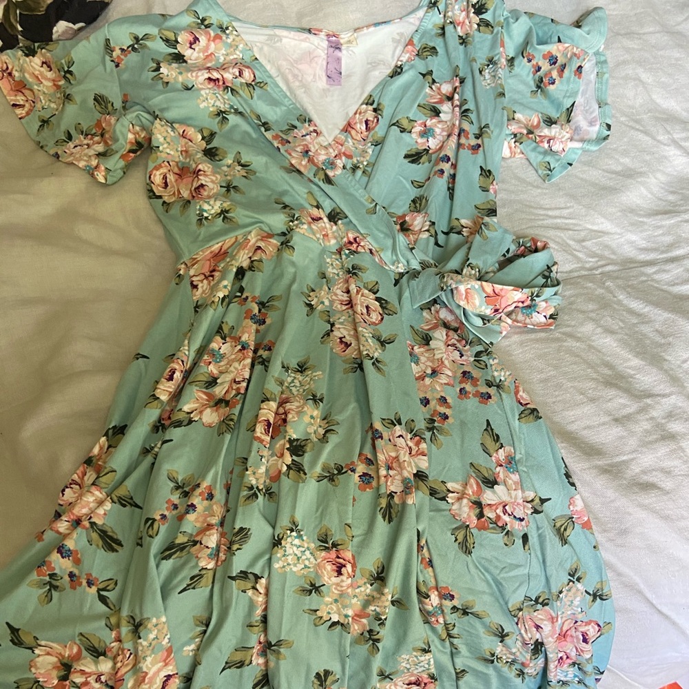 Turquoise floral flutter sleeve wrap sundress